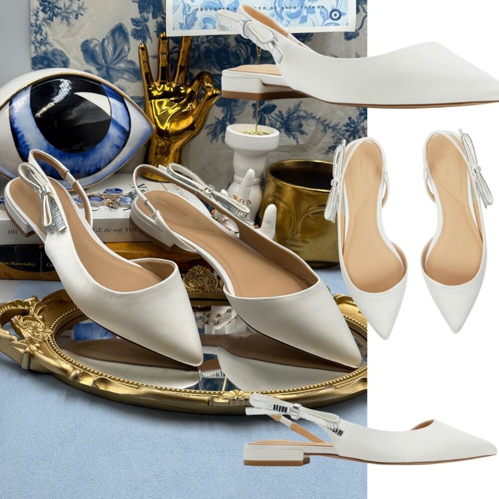 🆕 TED BAKER 🧿 NWOB Jane Bow Slingback Half d'Orsay Pointed Flat, White - Sz 8